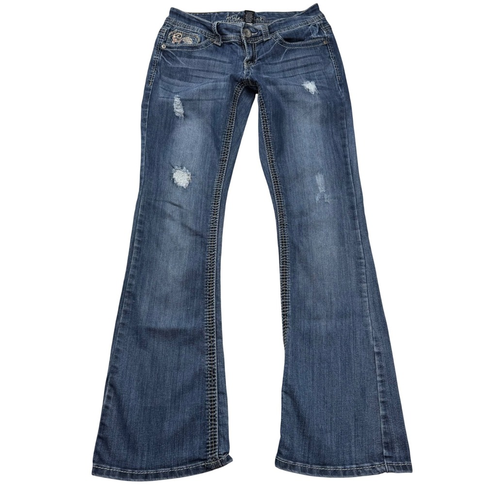 VTG Y2K Ariya Jeans 7/8 Distressed Embroidered Bootcut Denim Ultra Low Rise